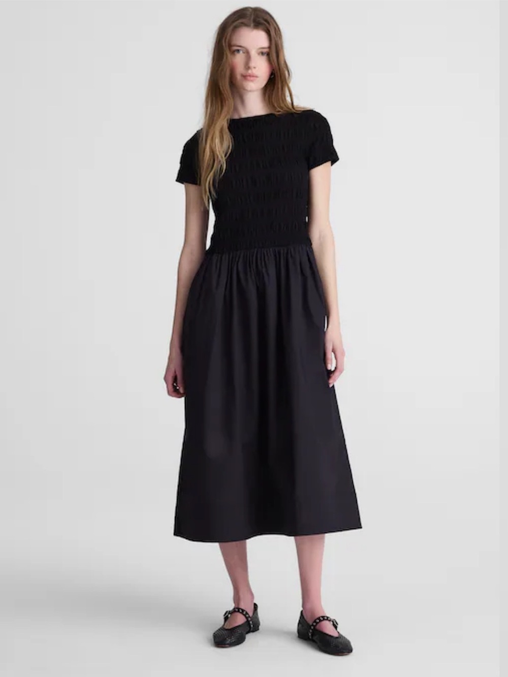 Madewell Black Smocked Boatneck Midi Skirt Size M